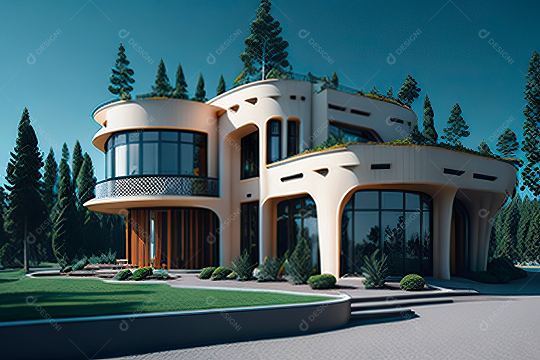 Vila 3D estilo sonhador imaginário retrô futurista casa moderna