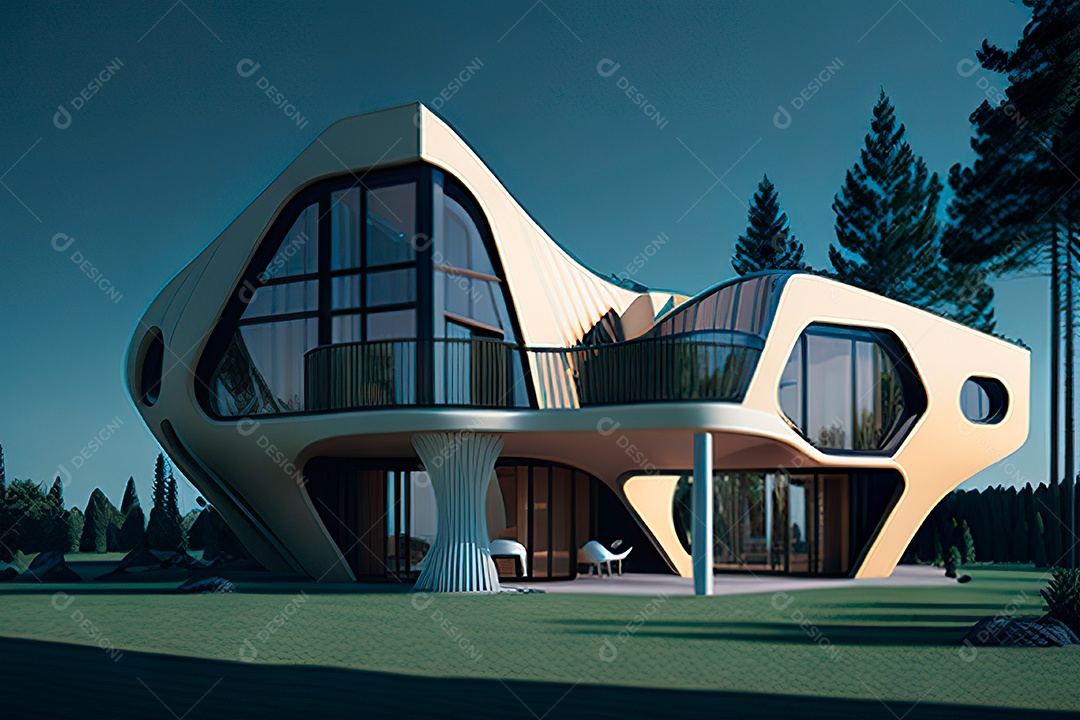 Vila 3D estilo sonhador imaginário retrô futurista casa moderna