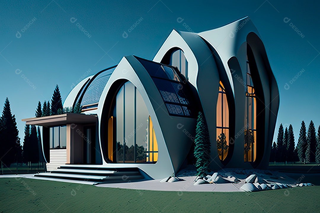 Vila 3D estilo sonhador imaginário retrô futurista casa moderna