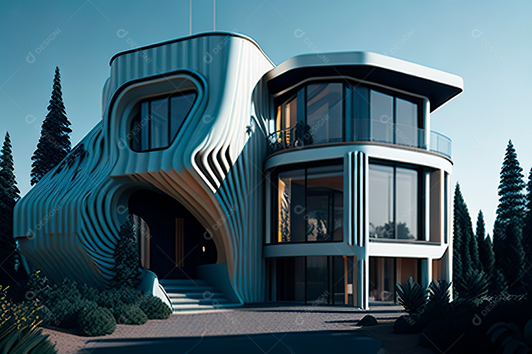 Vila 3D estilo sonhador imaginário retrô futurista casa moderna