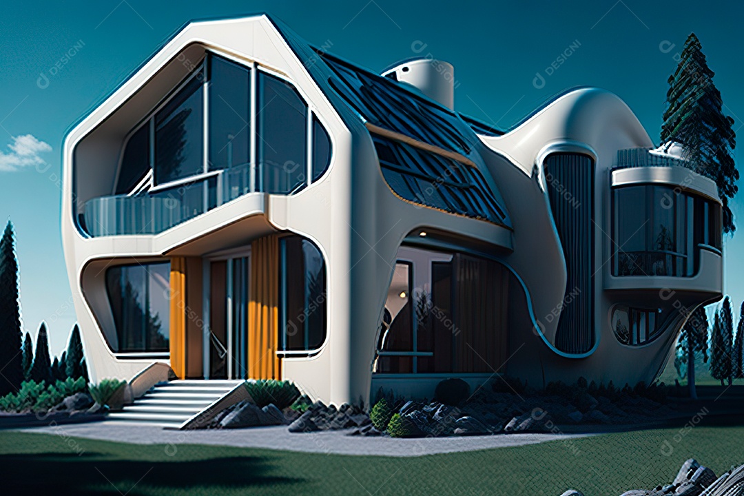 Vila 3D estilo sonhador imaginário retrô futurista casa moderna