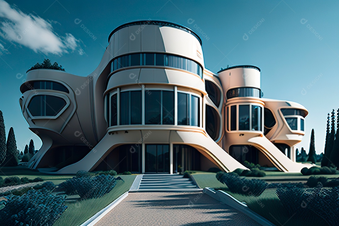 Vila 3D estilo sonhador imaginário retrô futurista casa moderna