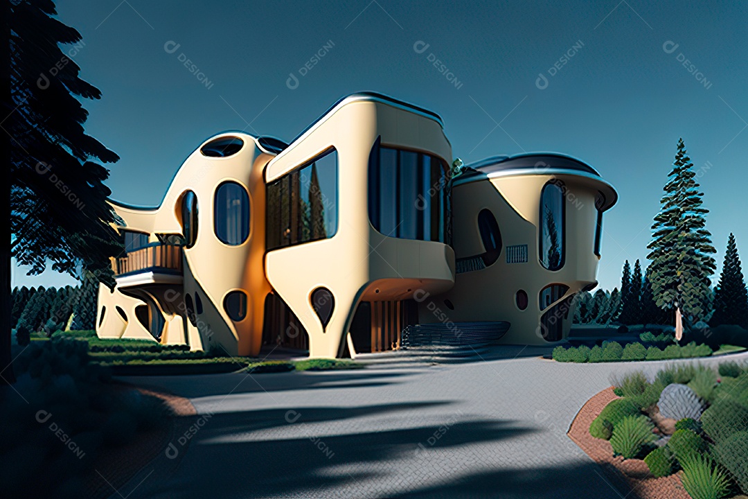 Vila 3D estilo sonhador imaginário retrô futurista casa moderna
