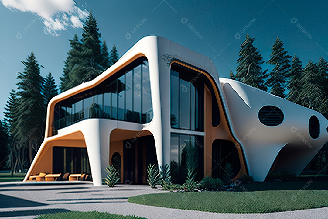 Vila 3D estilo sonhador imaginário retrô futurista casa moderna