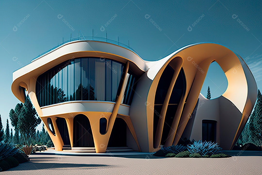 Vila 3D estilo sonhador imaginário retrô futurista casa moderna