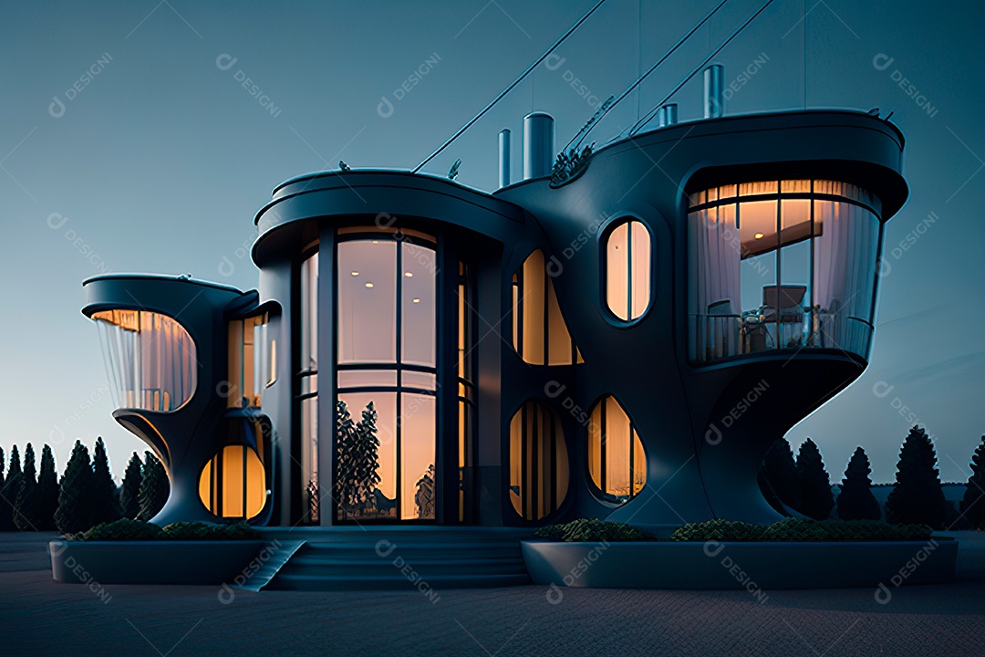 Vila 3D estilo sonhador imaginário retrô futurista casa moderna