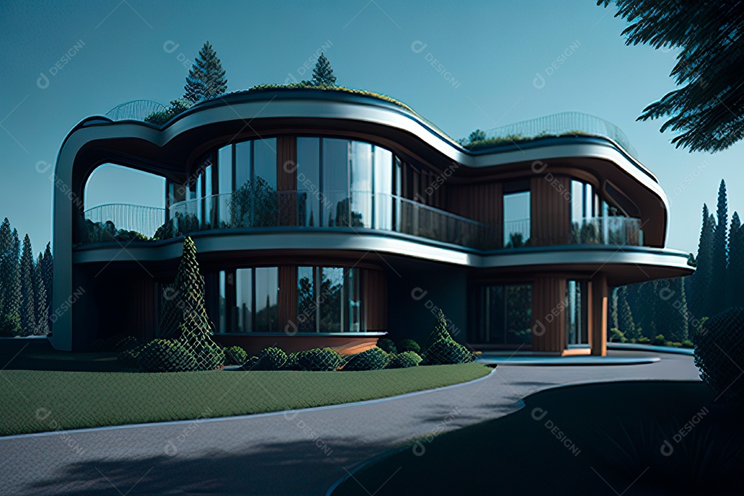 Vila 3D estilo sonhador imaginário retrô futurista casa moderna