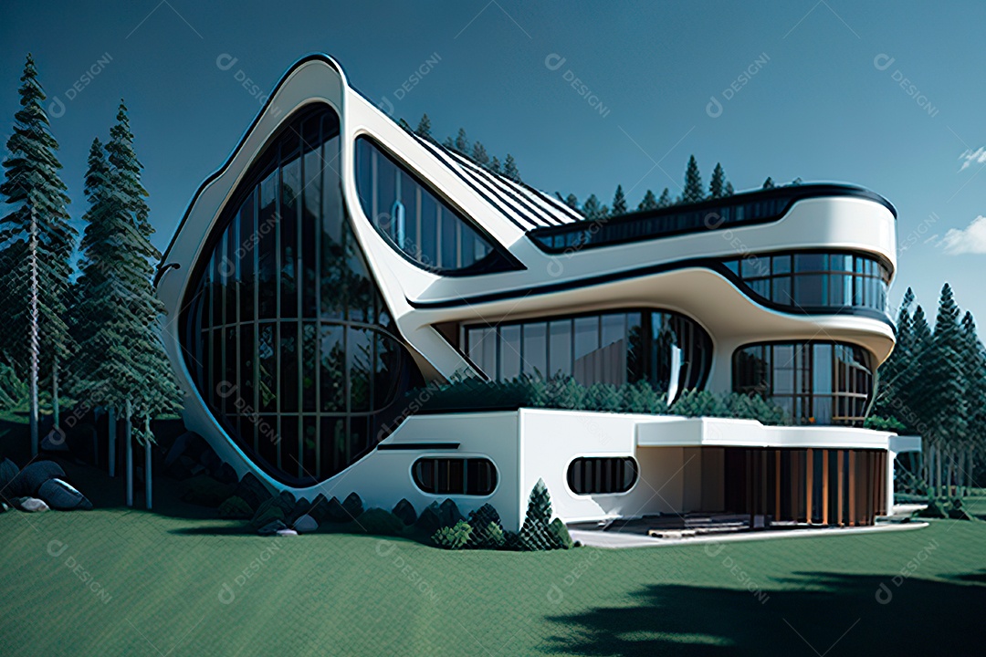 Vila 3D estilo sonhador imaginário retrô futurista casa moderna