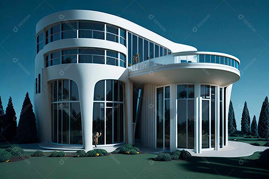 Vila 3D estilo sonhador imaginário retrô futurista casa moderna