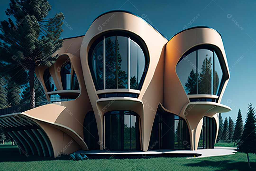 Vila 3D estilo sonhador imaginário retrô futurista casa moderna