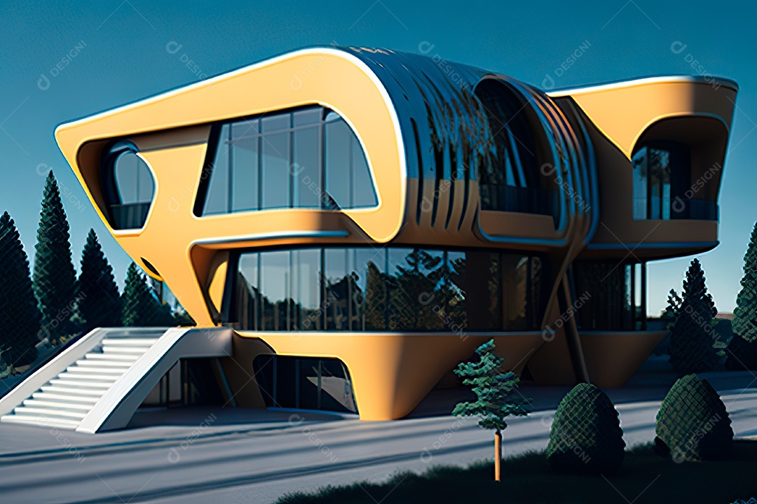 Vila 3D estilo sonhador imaginário retrô futurista casa moderna