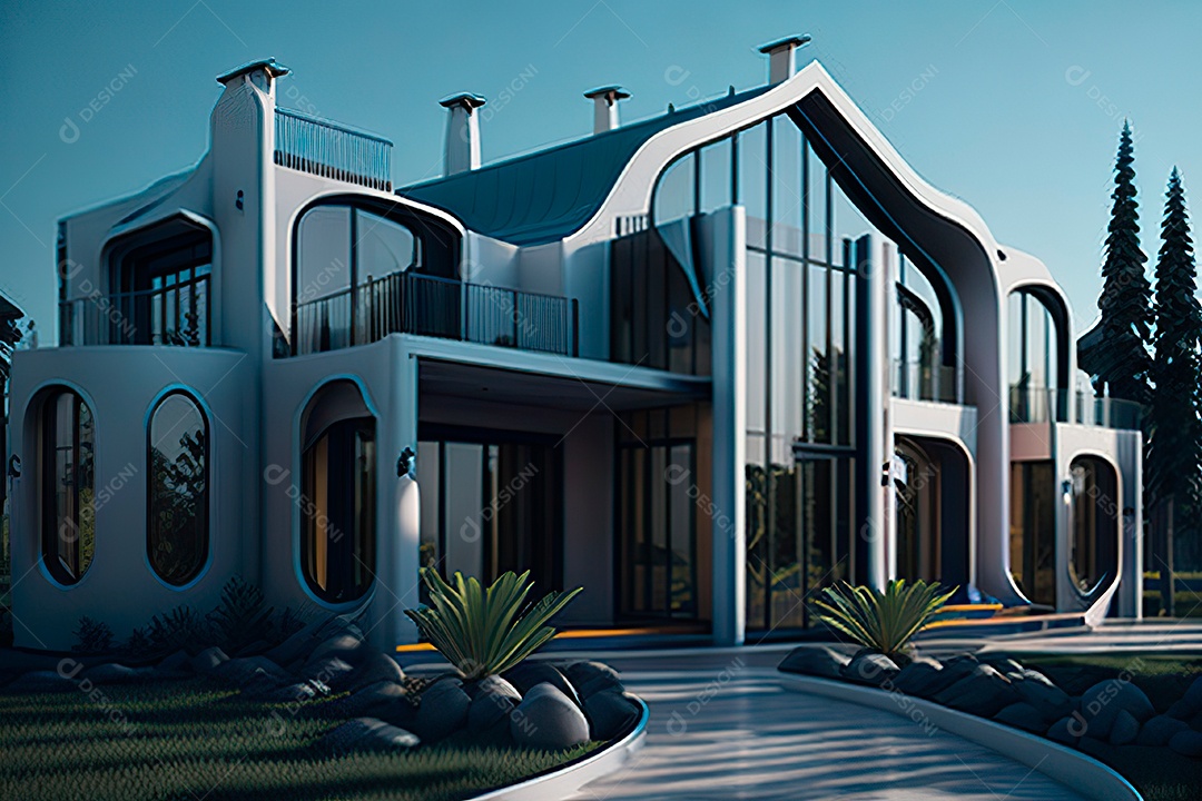 Vila 3D estilo sonhador imaginário retrô futurista casa moderna