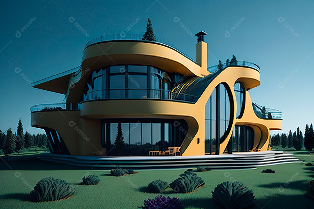 Vila 3D estilo sonhador imaginário retrô futurista casa moderna