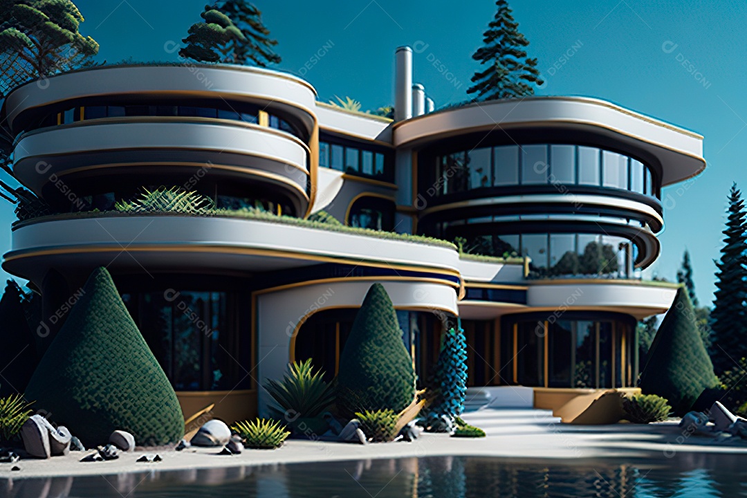 Vila 3D estilo sonhador imaginário retrô futurista casa moderna
