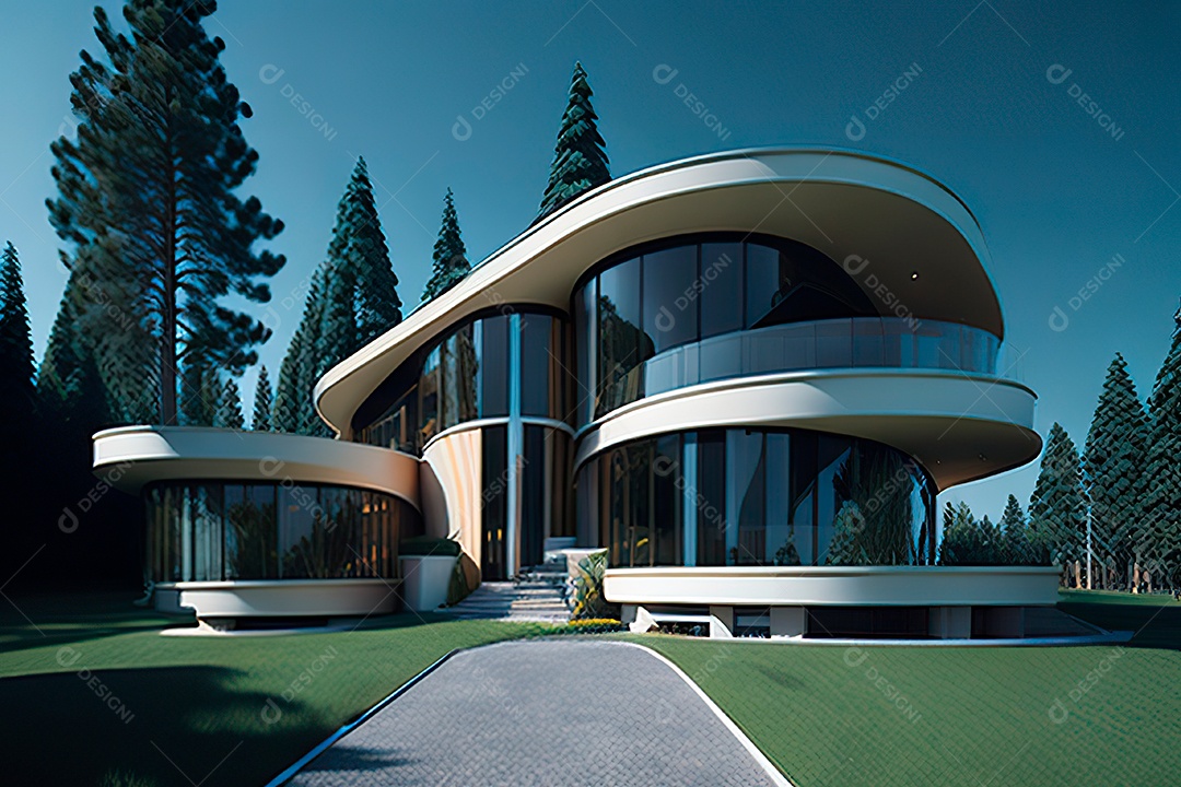 Vila 3D estilo sonhador imaginário retrô futurista casa moderna