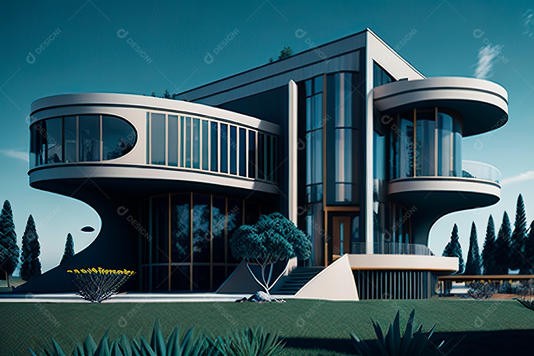 Vila 3D estilo sonhador imaginário retrô futurista casa moderna