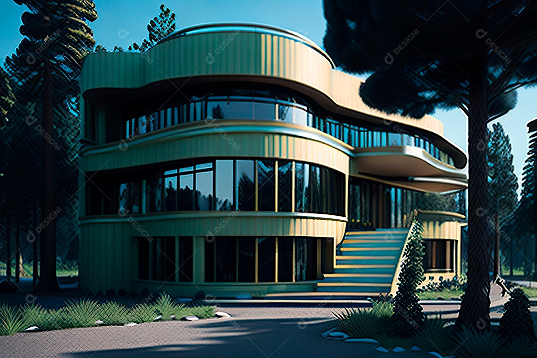 Vila 3D estilo sonhador imaginário retrô futurista casa moderna