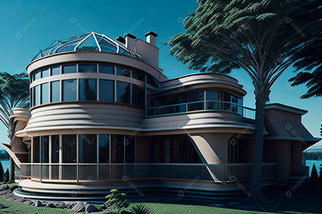 Vila 3D estilo sonhador imaginário retrô futurista casa moderna