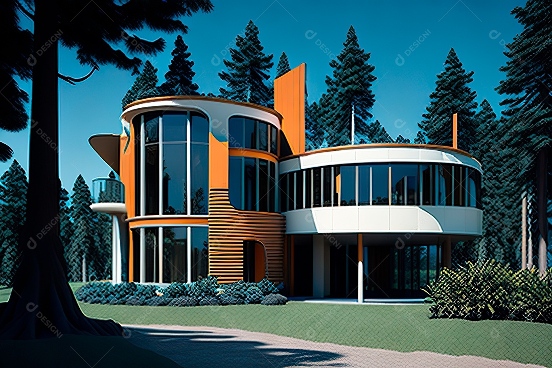 Vila 3D estilo sonhador imaginário retrô futurista casa moderna