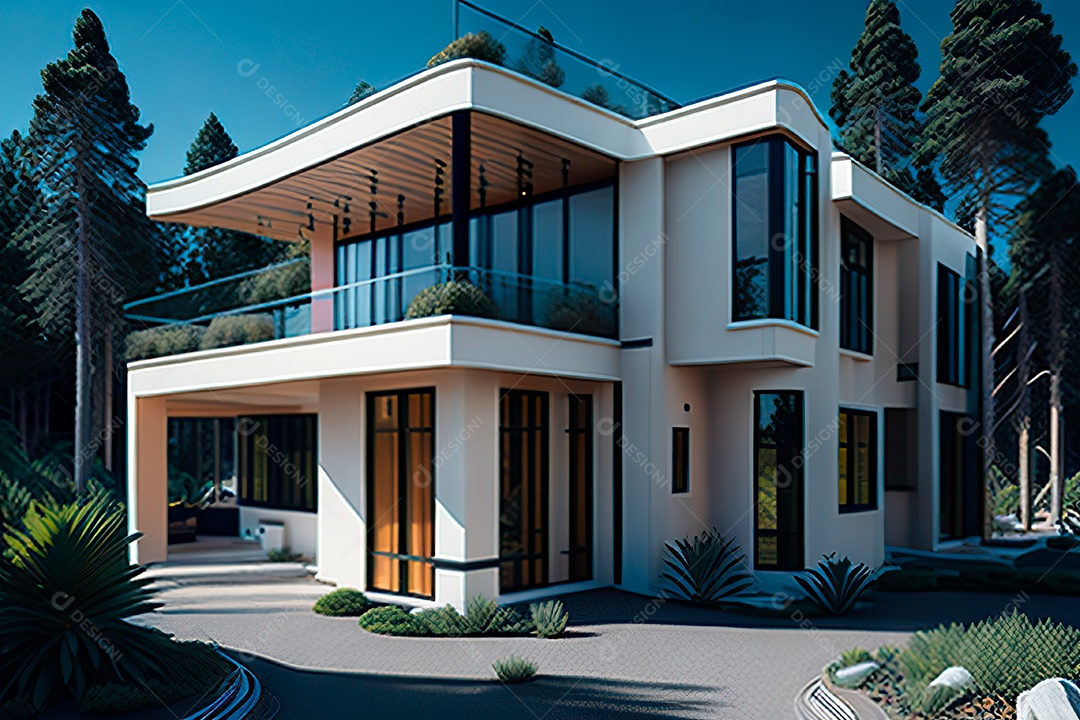 Vila 3D estilo sonhador imaginário retrô futurista casa moderna