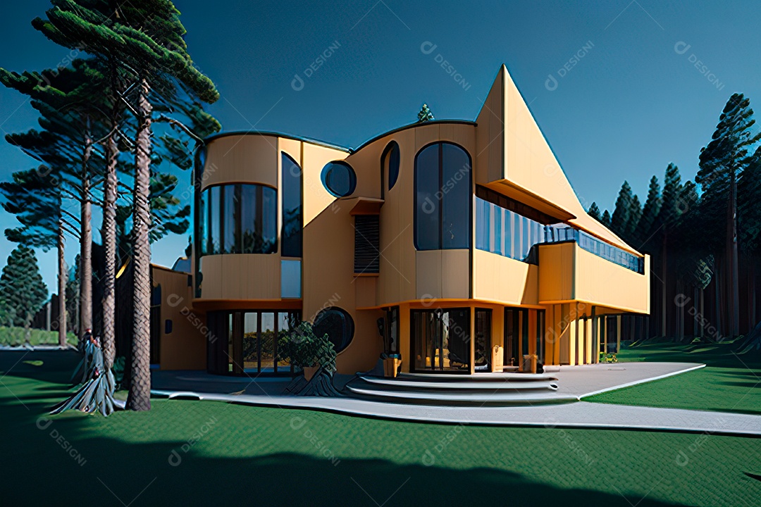 Vila 3D estilo sonhador imaginário retrô futurista casa moderna