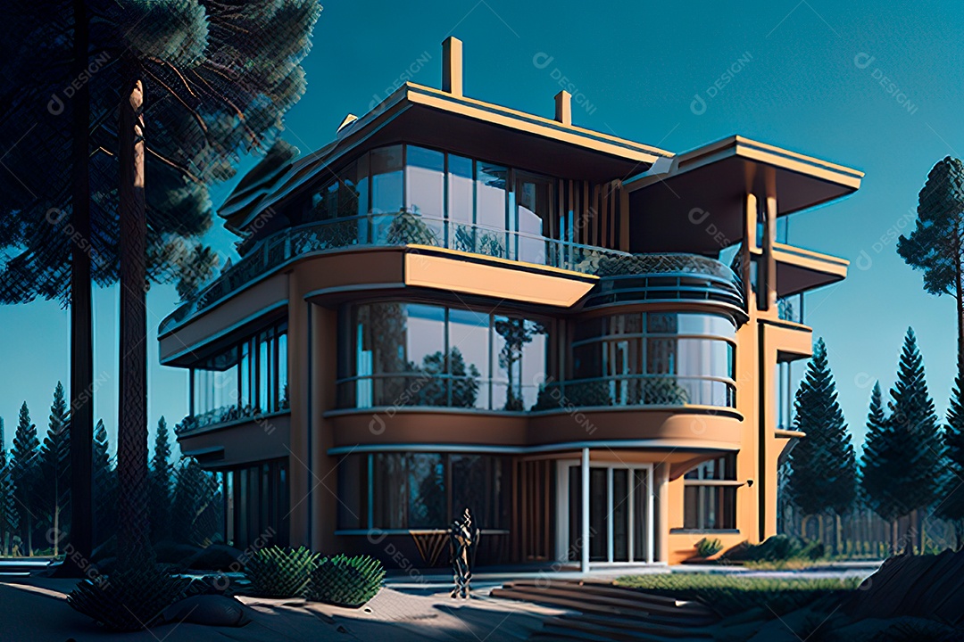 Vila 3D estilo sonhador imaginário retrô futurista casa moderna