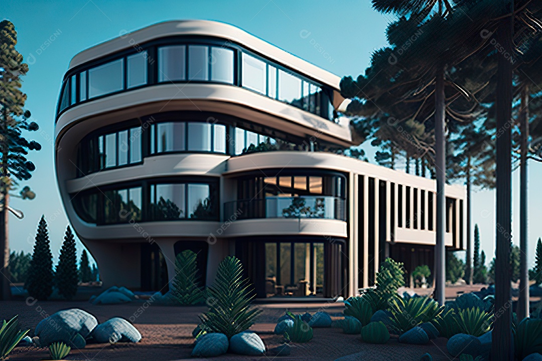 Vila 3D estilo sonhador imaginário retrô futurista casa moderna