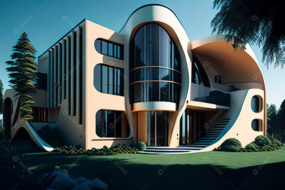 Vila 3D estilo sonhador imaginário retrô futurista casa moderna