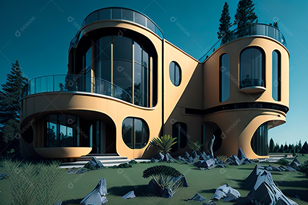 Vila 3D estilo sonhador imaginário retrô futurista casa moderna