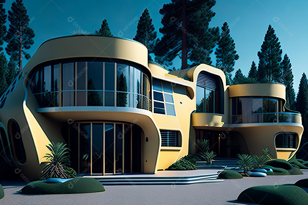 Vila 3D estilo sonhador imaginário retrô futurista casa moderna