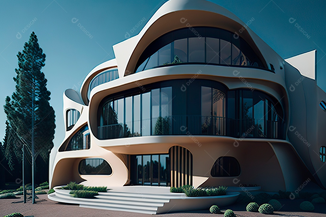 Vila 3D estilo sonhador imaginário retrô futurista casa moderna