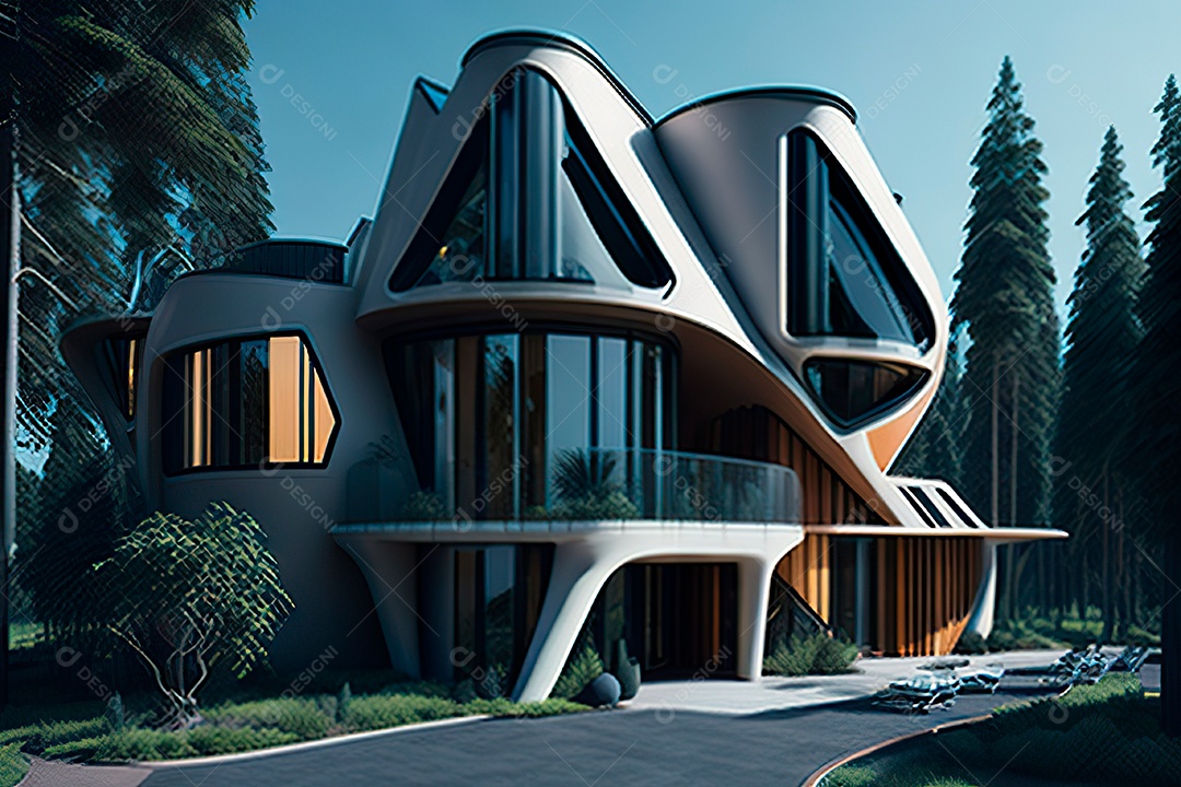 Vila 3D estilo sonhador imaginário retrô futurista casa moderna