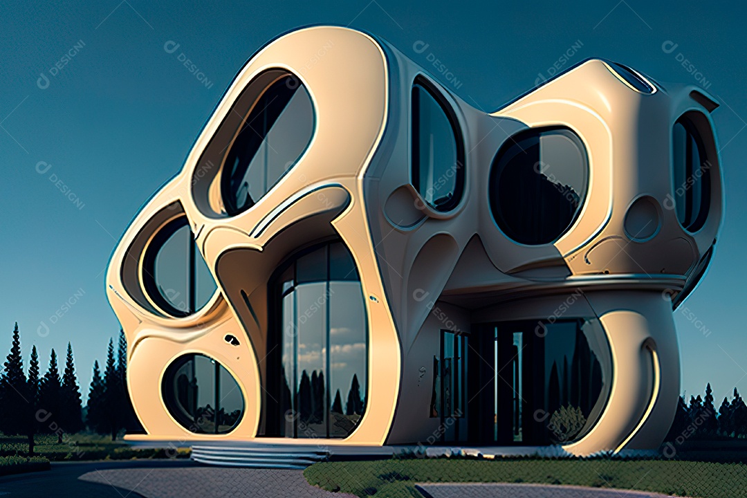 Vila 3D estilo sonhador imaginário retrô futurista casa moderna