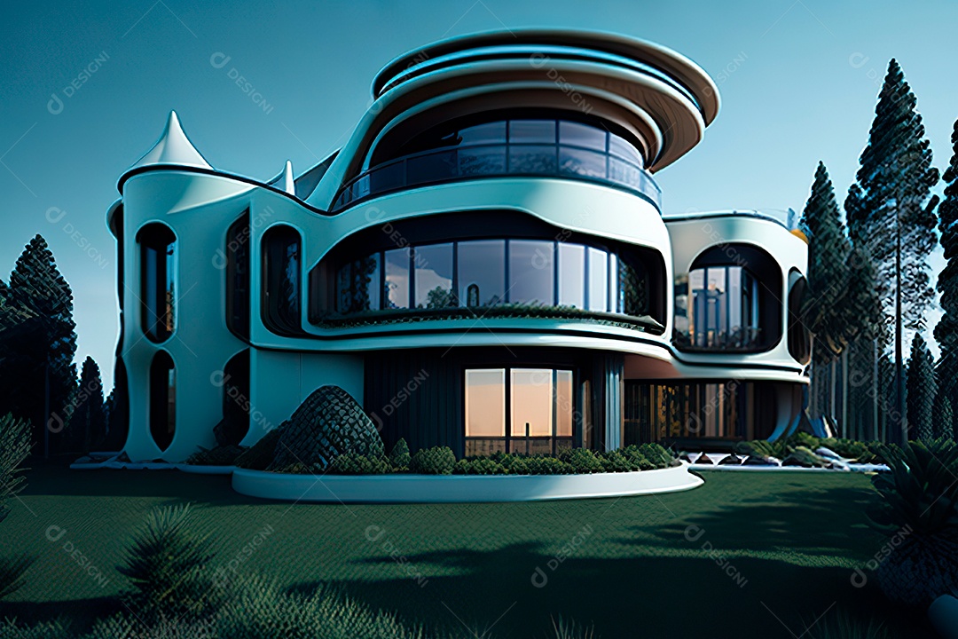 Vila 3D estilo sonhador imaginário retrô futurista casa moderna