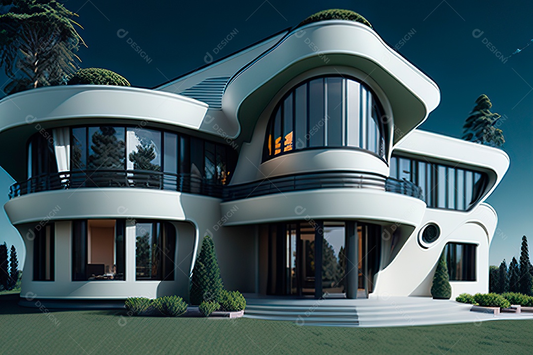 Vila 3D estilo sonhador imaginário retrô futurista casa moderna