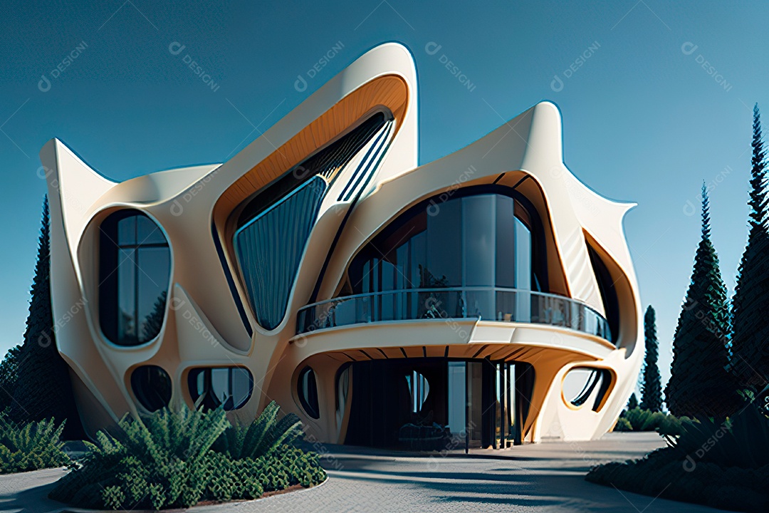 Vila 3D estilo sonhador imaginário retrô futurista casa moderna