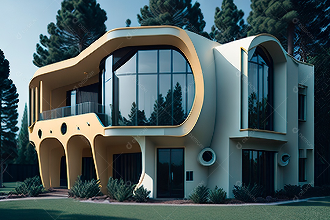 Vila 3D estilo sonhador imaginário retrô futurista casa moderna