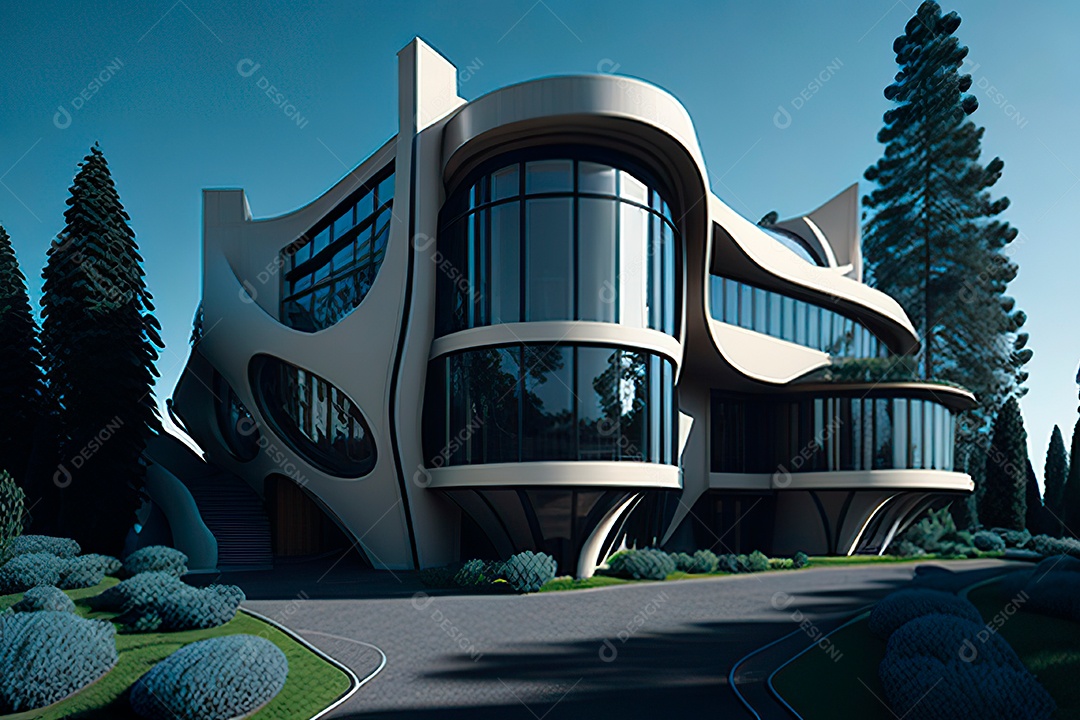 Vila 3D estilo sonhador imaginário retrô futurista casa moderna