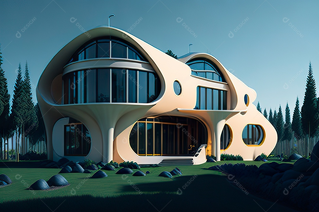 Vila 3D estilo sonhador imaginário retrô futurista casa moderna