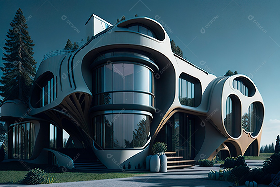 Vila 3D estilo sonhador imaginário retrô futurista casa moderna