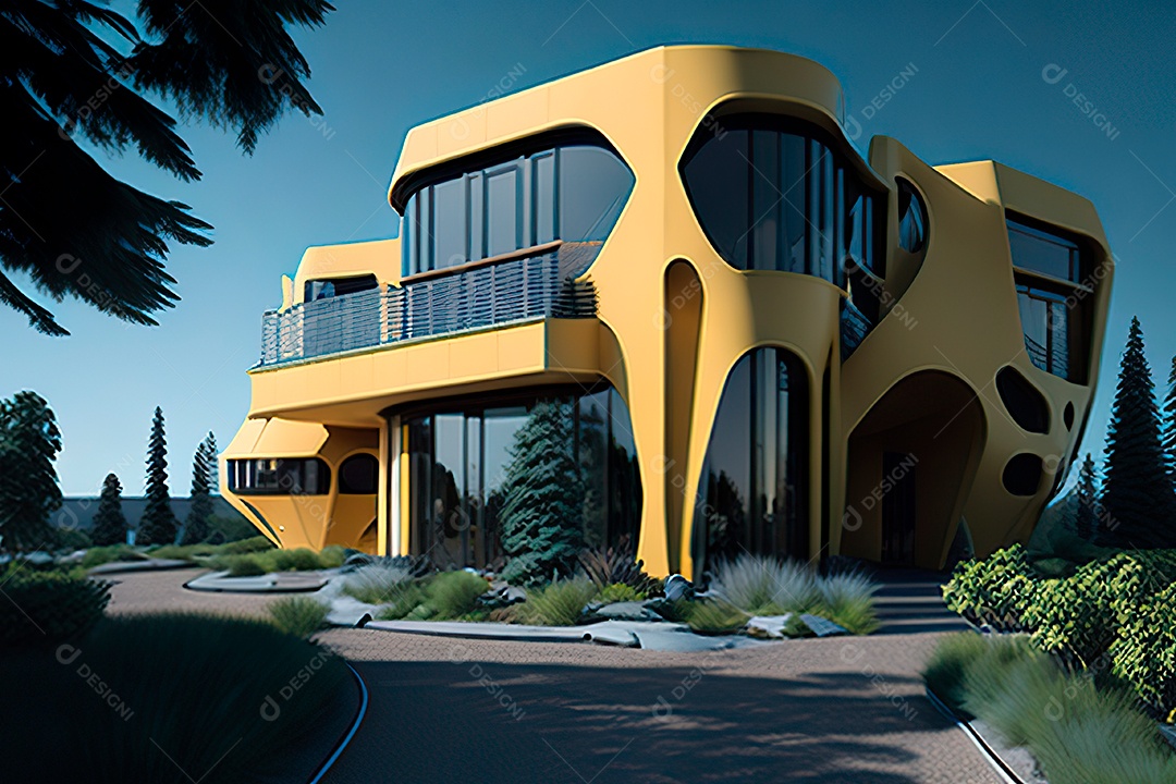 Vila 3D estilo sonhador imaginário retrô futurista casa moderna