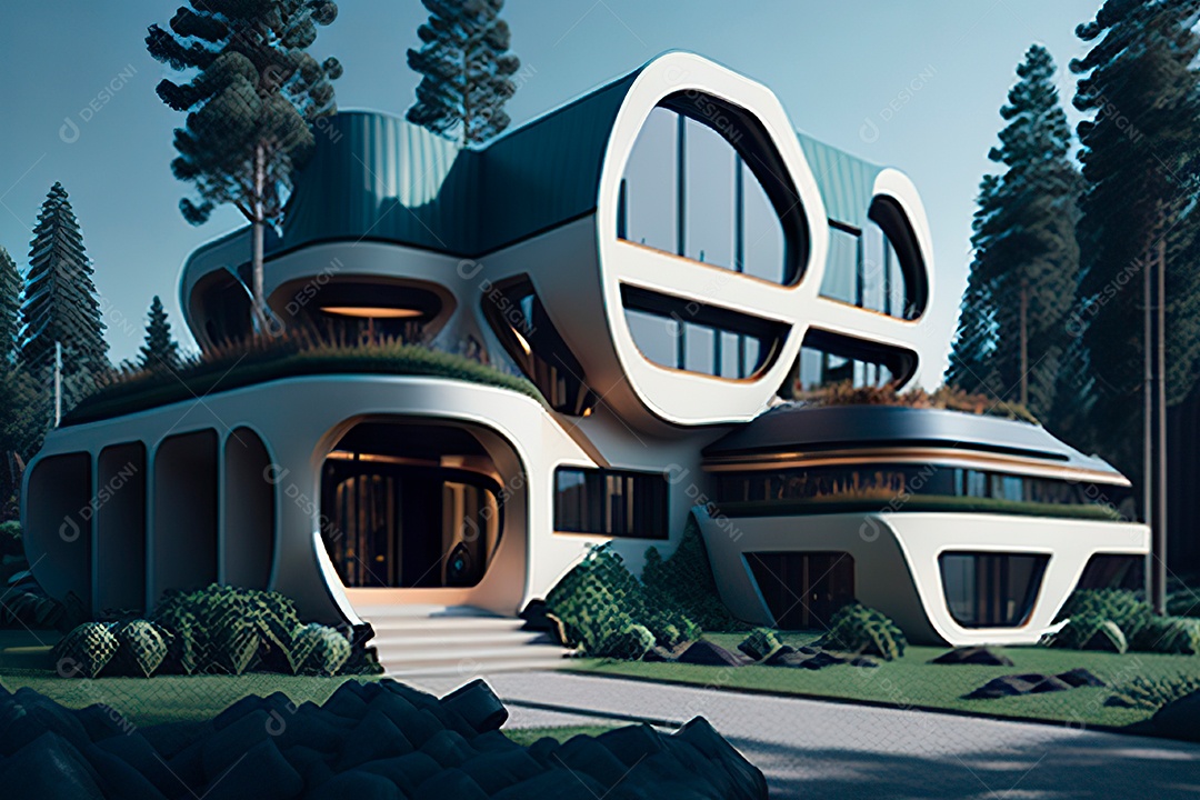 Vila 3D estilo sonhador imaginário retrô futurista casa moderna