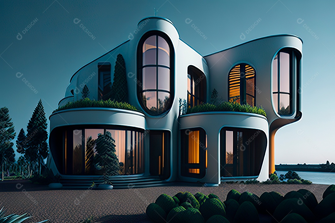Vila 3D estilo sonhador imaginário retrô futurista casa moderna