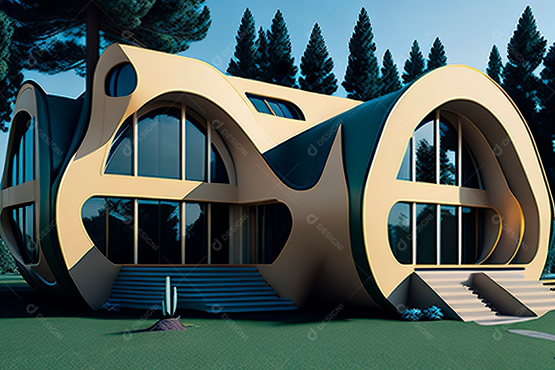Vila 3D estilo sonhador imaginário retrô futurista casa moderna