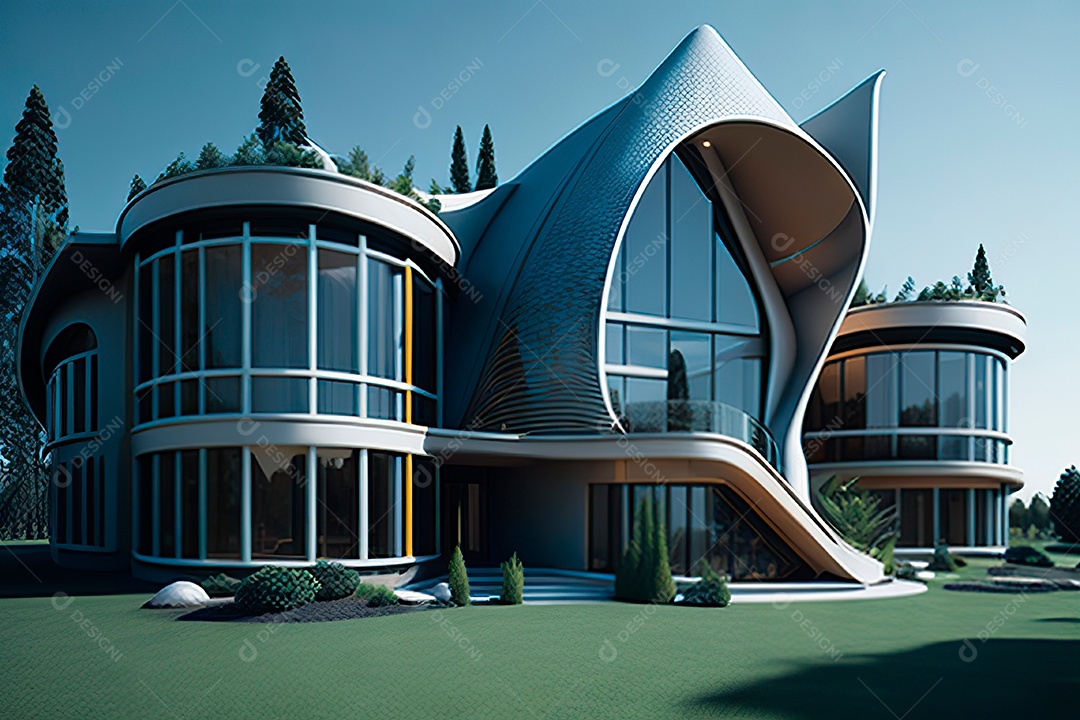 Vila 3D estilo sonhador imaginário retrô futurista casa moderna