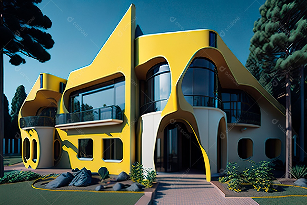 Vila 3D estilo sonhador imaginário retrô futurista casa moderna