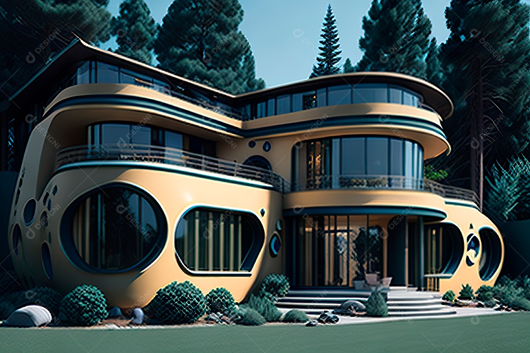 Vila 3D estilo sonhador imaginário retrô futurista casa moderna