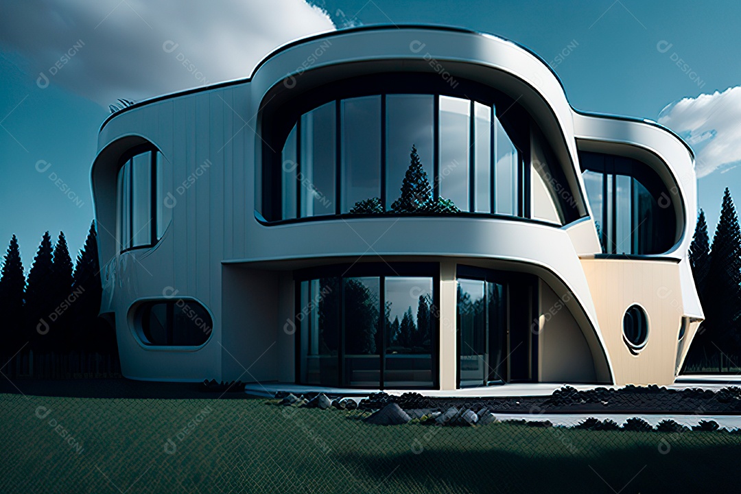 Vila 3D estilo sonhador imaginário retrô futurista casa moderna