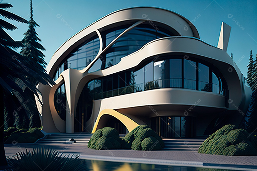 Vila 3D estilo sonhador imaginário retrô futurista casa moderna