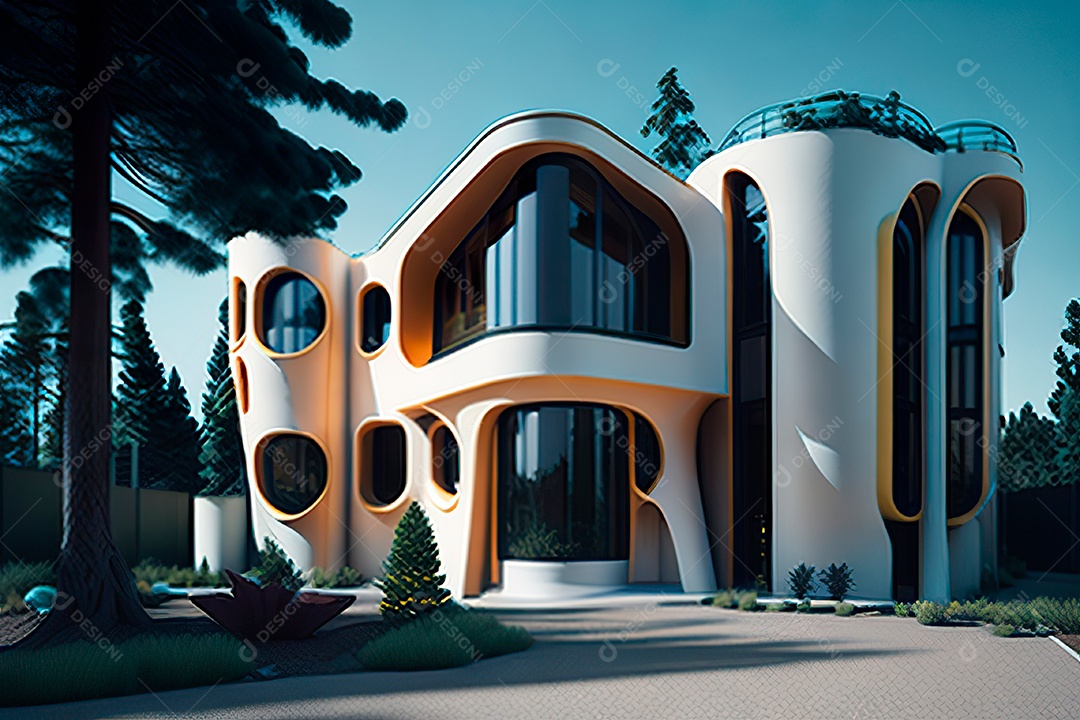 Vila 3D estilo sonhador imaginário retrô futurista casa moderna